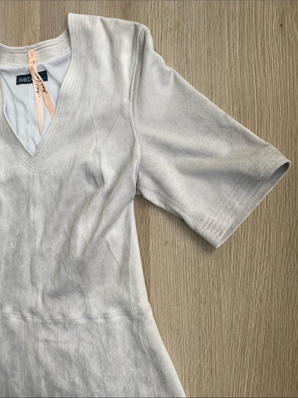 Marc Cain Faux Suede Fit & Flare Dress Neutral Beige Short Sleeve Minimalist - Picture 4 of 14